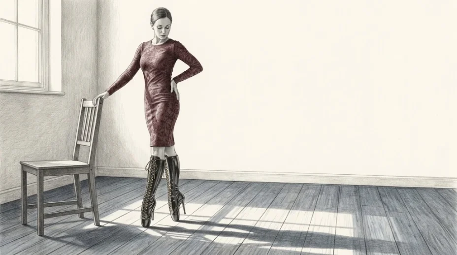 A woman in a fitted dress stands en pointe in knee-high black patent ballet boots beside a wooden chair, one hand on its back, the laces and eyelets picked out in gold.