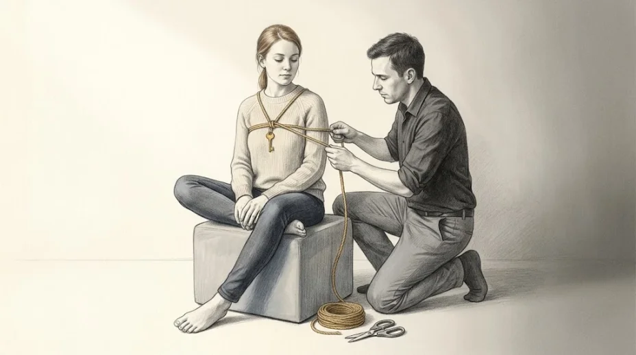 A young woman in a pale jumper sits cross-legged on an upholstered cube while a kneeling man in a rolled-sleeve shirt ties a flat rope harness over her chest.
