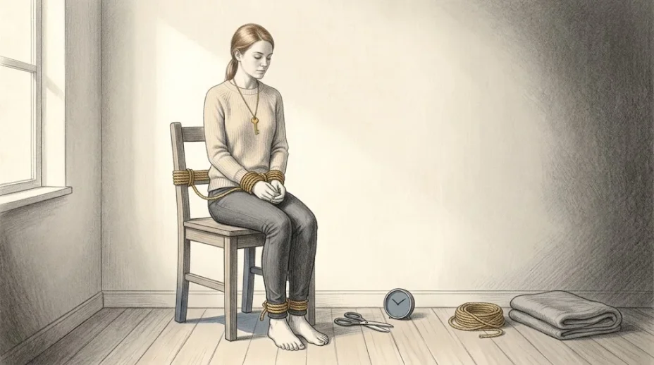 A young woman in a pale jumper sits alone tied to a wooden chair with jute rope at her wrists and ankles, a pair of safety shears and a small clock on the floor beside her.
