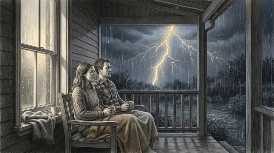 A couple in jumpers sits under a wool blanket on a porch bench at dusk with mugs in their hands, watching a lightning fork over a rain-soaked garden.
