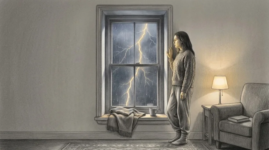 A woman in a cable-knit jumper stands at a tall sash window in a lamplit sitting room, one hand on the frame, watching a lightning fork through the rain.