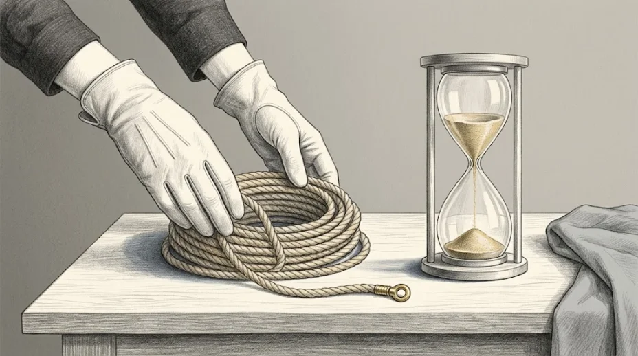Gloved hands set a neatly coiled rope with a brass eyelet on a plain table beside a tall hourglass whose fine sand has almost run out.