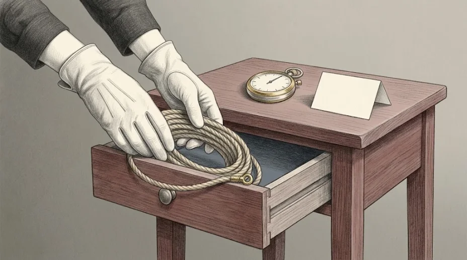 Gloved hands place a coiled rope with a brass eyelet into the open drawer of a side table, a stopwatch with a plain face resting on the table top.