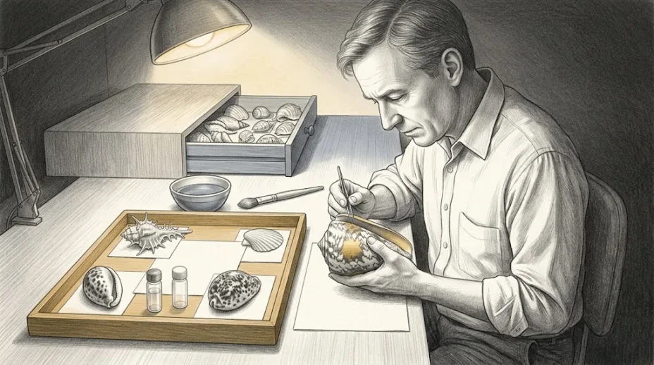 A collector at a workbench cleans a marbled cone shell with fine tweezers under a lamp, the tray of specimen shells and two glass vials beside him, a blank card by each shell.