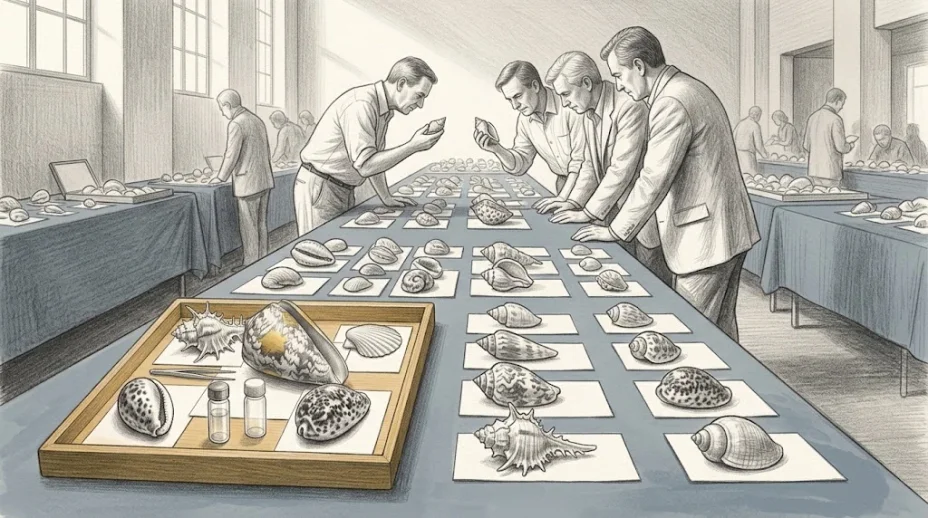 A shell show in a hall, long tables of specimen shells on blank cards under lamps, three collectors bending over the nearest table, the marbled cone at its centre.