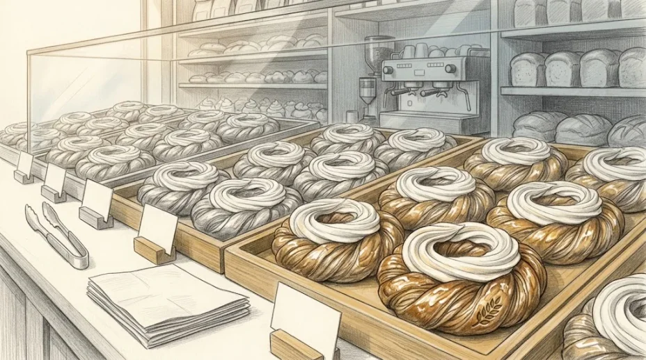 A bakery display counter holds rows of braided cream pastries on trays behind glass, one at the front stamped with a small gold wheat mark, blank price cards beside them.
