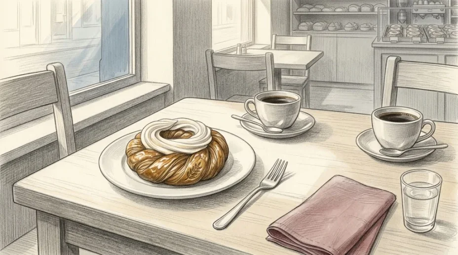 A braided cream pastry with a small gold wheat mark sits on a white plate at a café table beside two cups of coffee, a fork and a folded napkin.