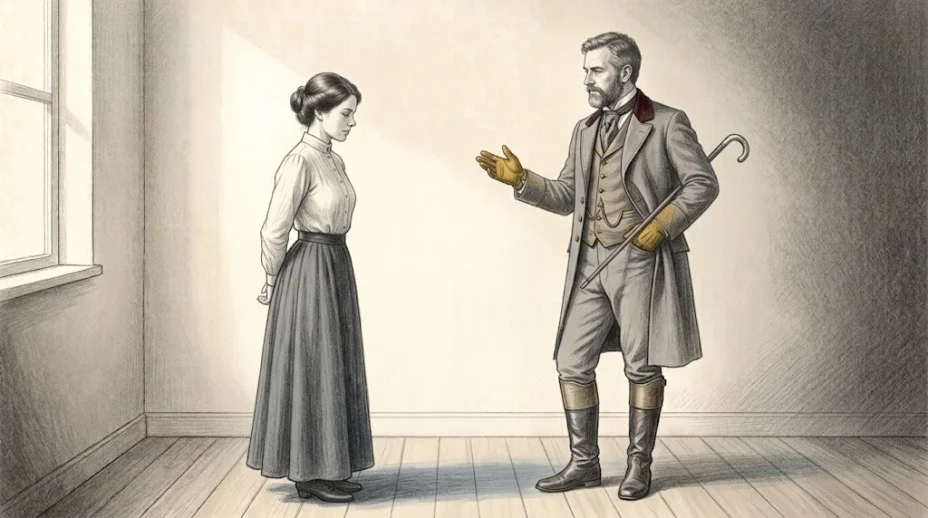 A bearded man in a frock coat lifts a gloved hand in a calm directing gesture toward a woman standing with her hands clasped behind her back and head slightly bowed.
