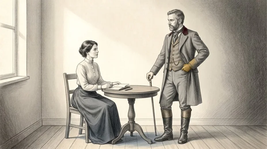 A bearded man in a frock coat and riding boots stands with one gloved hand at his hip and the other on a cane, across a small table from a seated woman with an open notebook.