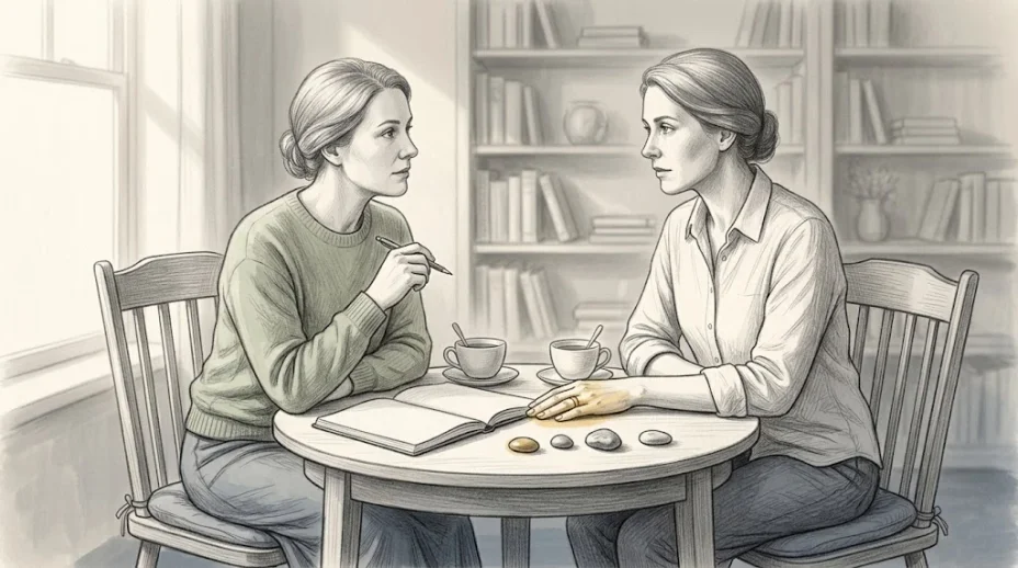 Two women sit across a small table with an open notebook and a pen between them, one hand wearing a gold ring resting flat on the blank page.