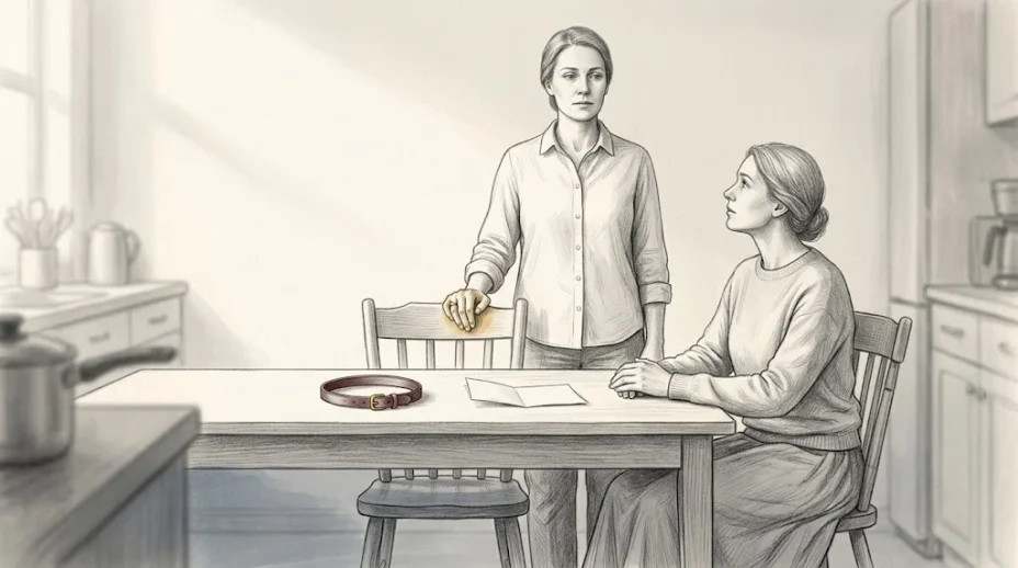 A standing woman rests one hand on the back of a chair where a seated woman waits with folded hands, a slim leather collar lying on the table between them.