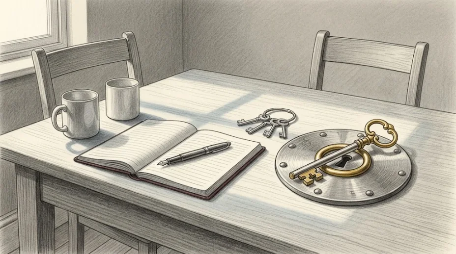 The ornate key and its round lock plate lie on a desk beside a ring of plain keys, an open notebook with blank pages, a pen and two mugs.