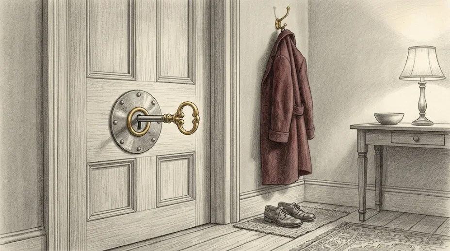 An ornate key with a gilded bow stands in a round steel lock plate set into a panelled door in a lamplit hallway, a coat hanging on a hook beside it.