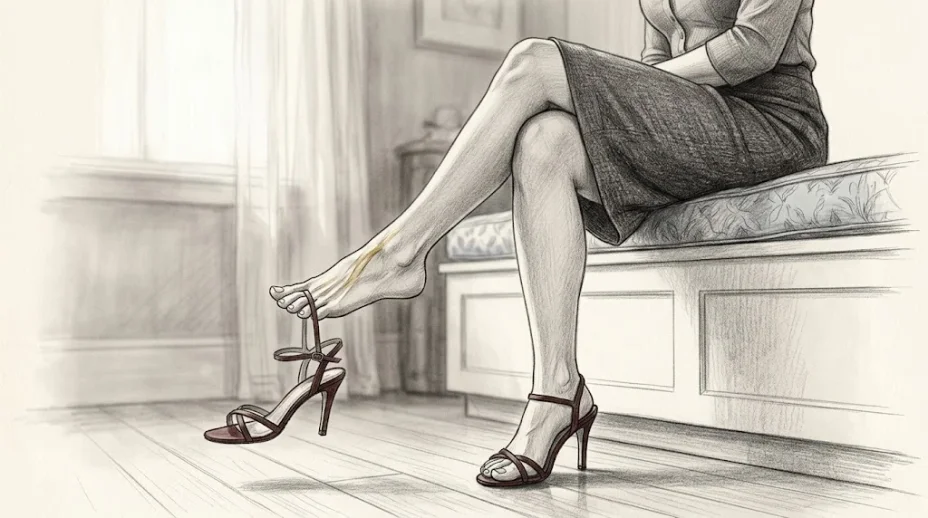 A woman seated on a window seat with her legs crossed lets a slim high-heeled sandal dangle from the toes of one bare foot, the arch flexed and the toes pointed.