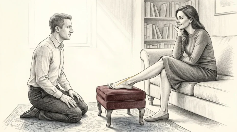 A man kneels on a rug before a woman seated on a sofa who rests one bare foot on a velvet footstool, arch lifted and toes pointed, his hands on his own knees.