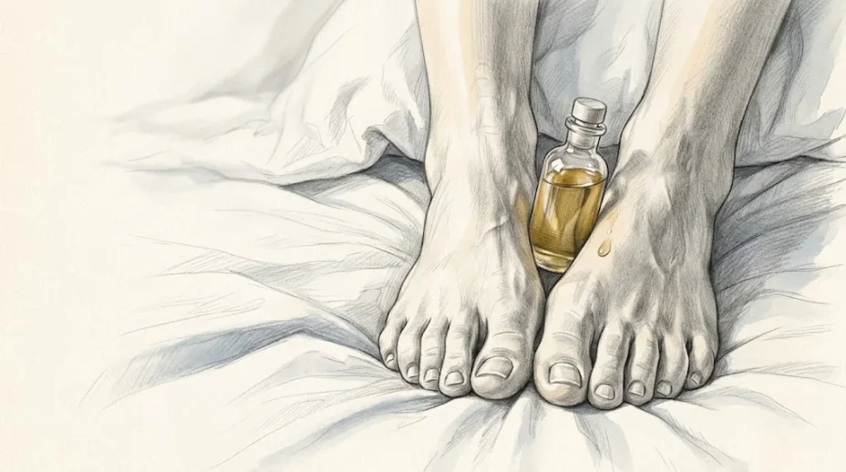Two bare feet stand side by side on rumpled white linen with a small stoppered glass bottle of oil wedged between their insteps and a drop of oil on the skin.