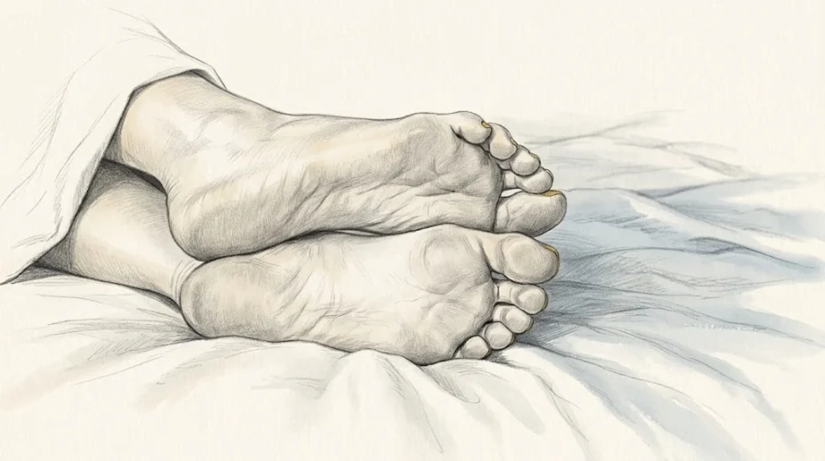 Two bare feet lie on their outer edges on rumpled white linen, one just ahead of the other, big toes uppermost, soles and lifted arches turned toward the viewer.