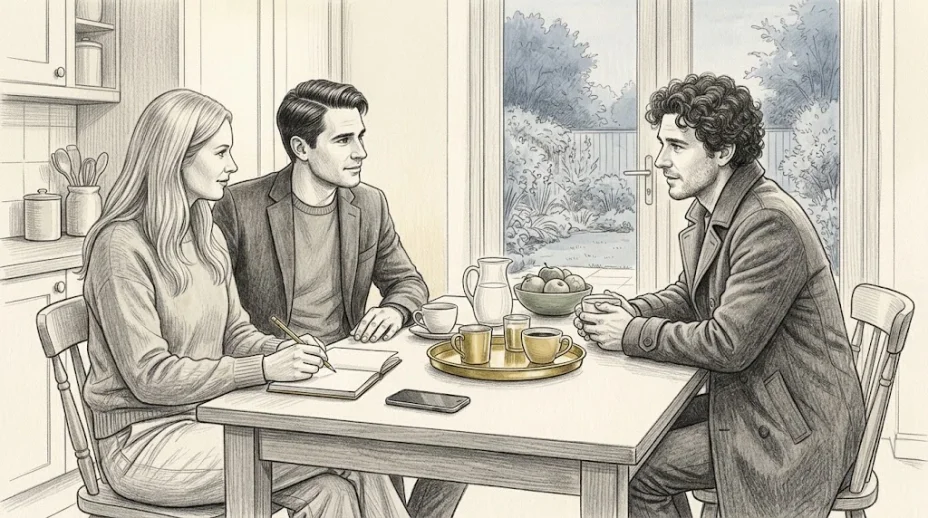 Three adults at a kitchen table in the morning, a long-haired woman holding a pen over a blank notebook beside a man in a blazer, a curly-haired man across from them.