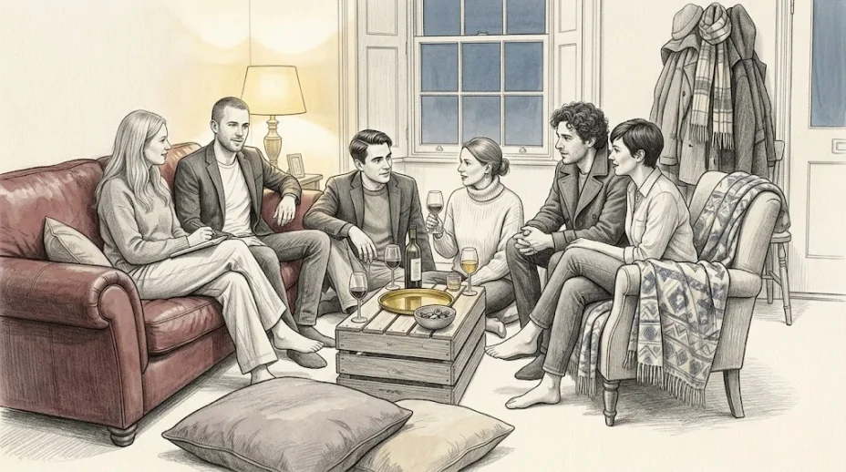 Six adults in jumpers and blazers sit close around a low table with wine glasses, a gold tray and a bowl of house keys, coats piled on a chair by the door.