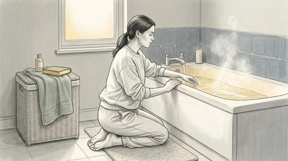 A woman in a pale sweatshirt kneels at a filling bathtub testing the water with one hand, a folded towel and a gold-edged book on the closed lid of a hamper beside her.