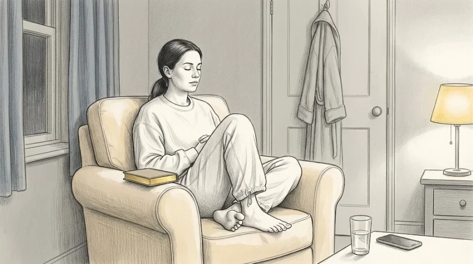 A woman in a pale sweatshirt and loose trousers sits curled in a deep armchair beside a lamp, a gold-edged book on the chair arm, the bedroom door shut behind her.