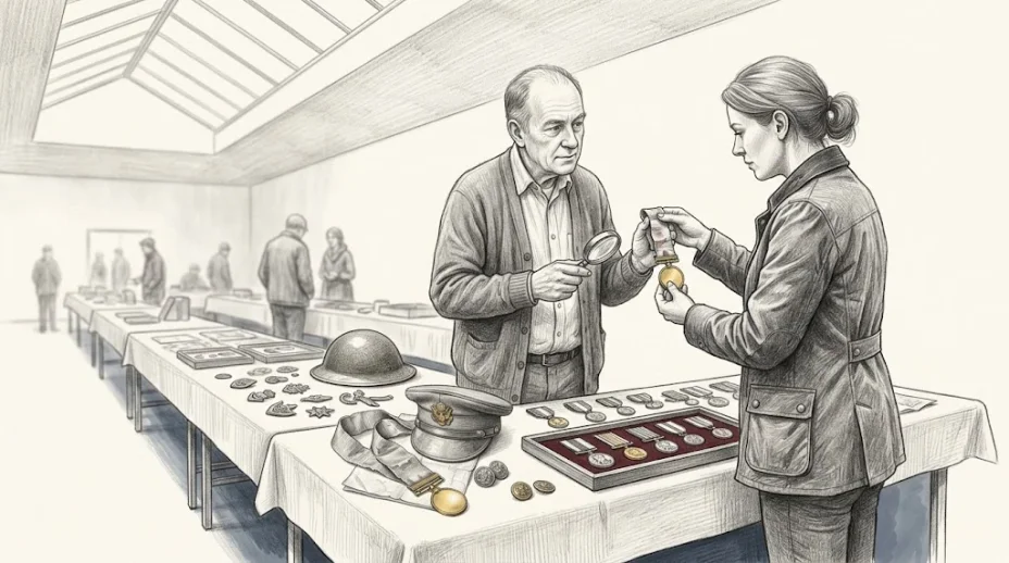 At a militaria fair a dealer in a cardigan and a collector in a waxed jacket examine a medal on its ribbon across a trestle table of caps, badges and buttons.