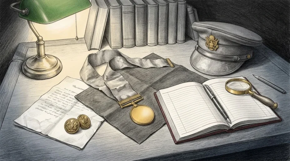 A collector's desk under a lamp holds a campaign medal on its ribbon beside an open ledger with blank ruled pages, a magnifying glass, a peaked cap and two brass buttons.