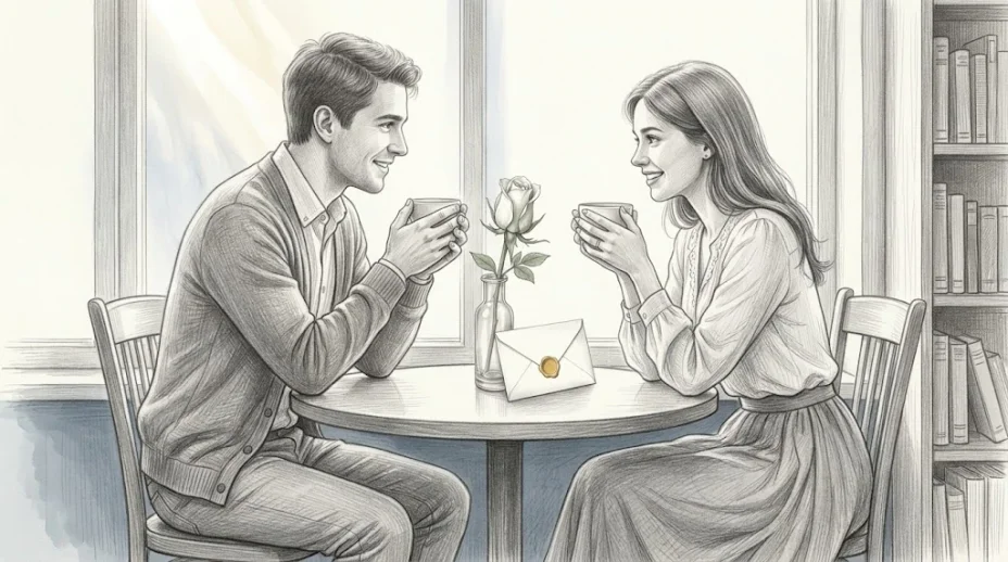A man and a woman in their twenties sit across a small café table, a white rosebud in a glass vase and a sealed envelope between them, both smiling with hands on their own cups.
