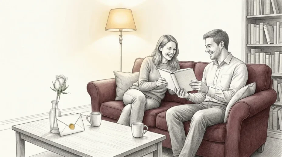 A couple sits at opposite ends of a sofa with one open book held between them, a white rosebud in a glass vase and a sealed envelope on the low table in front.