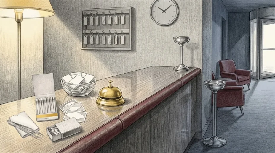 A hotel lobby ashtray stand from the 1950s holds a bowl of fresh matchbooks beside a brass bell on a reception desk, the open matchbook from the plate on the counter.