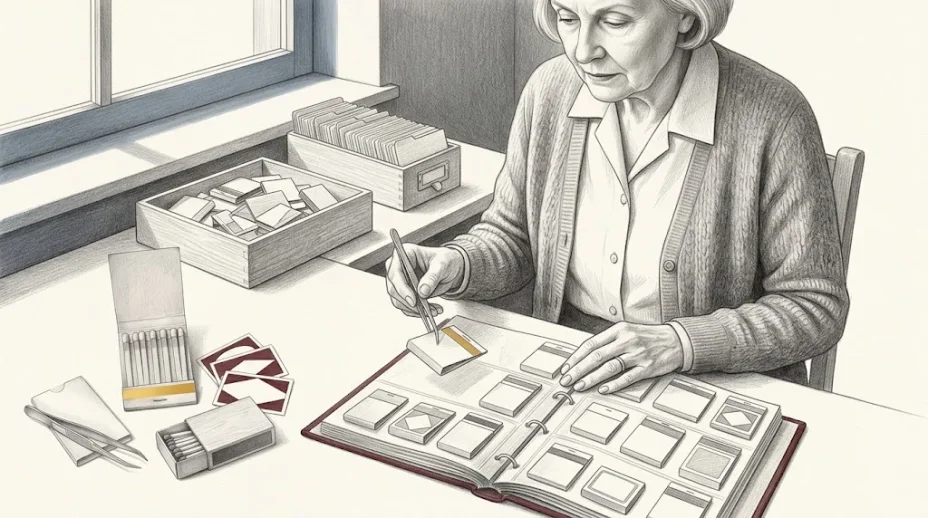 A collector at a desk lifts a flattened matchbook cover with tweezers toward an open album, the open matchbook, fanned labels and wooden matchbox beside her.