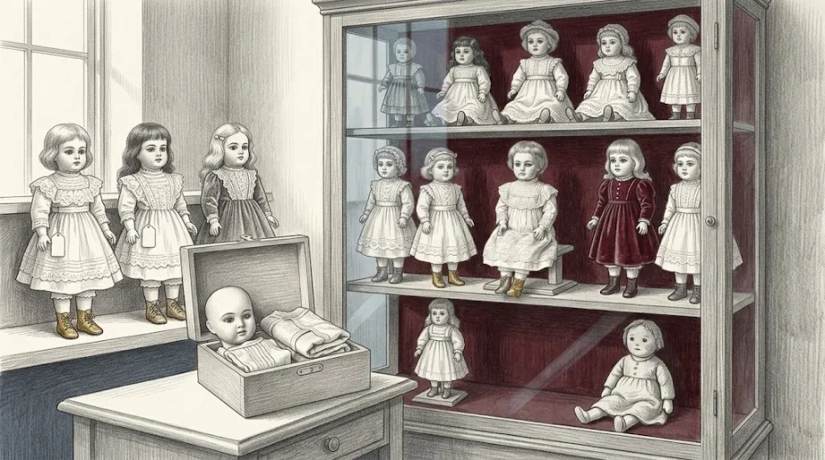 A glass-fronted cabinet in a sitting room holds a dozen antique dolls on stands, the bisque doll from the plate at the centre, a childhood doll on the shelf below.