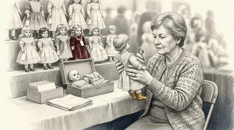 A collector at a doll show table turns a bisque doll to read the mark on the back of its head, a loupe and a card index beside her, other dolls seated in rows.