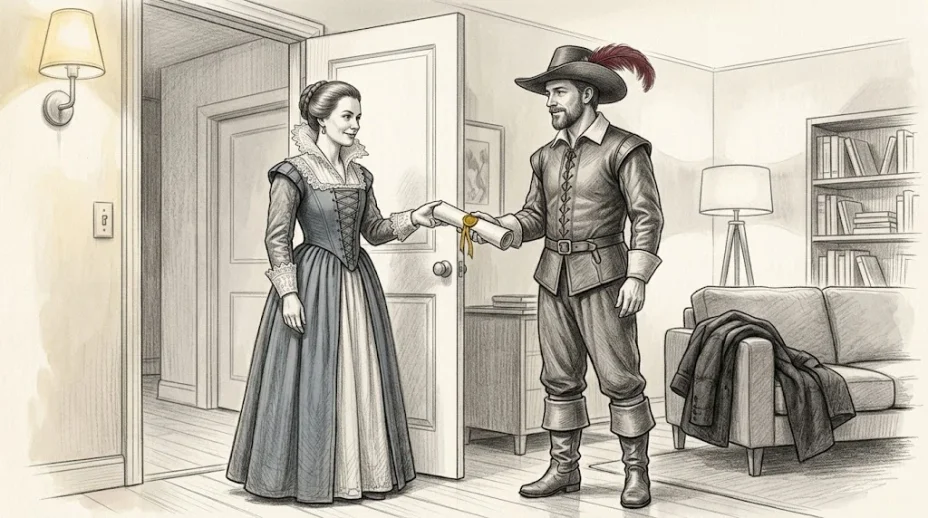 A man in a feathered hat and leather doublet and a woman in a lace-collared period gown stand in a modern doorway, a rolled script with a gold seal held between them.