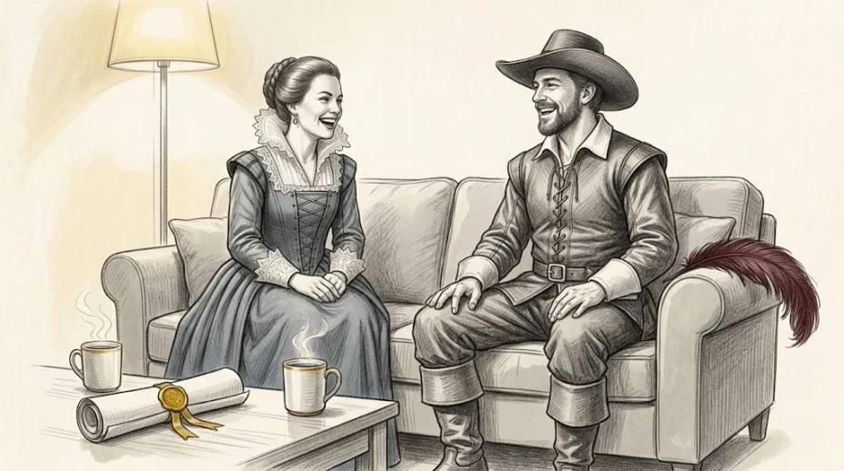 A man in a leather doublet with his feathered hat on the sofa arm and a woman in a period gown sit laughing at opposite ends of a sofa with two mugs of tea on the table.