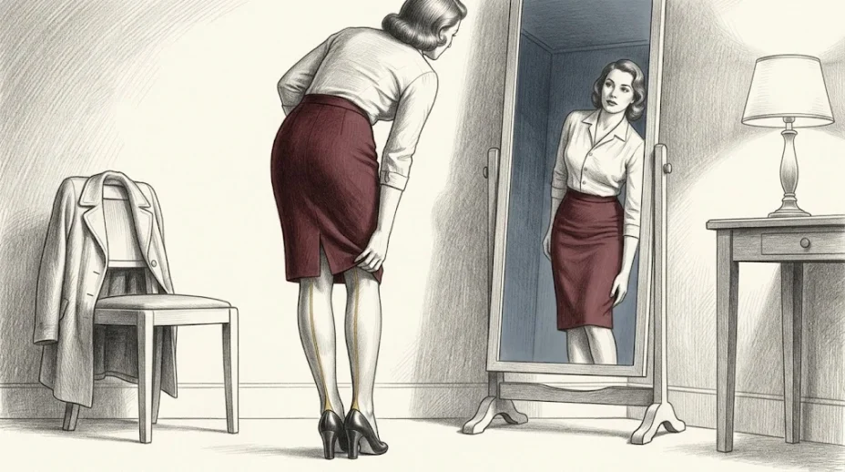 A woman in a pencil skirt seen from behind in a dressing room glances over her shoulder into a tall mirror while straightening the back seam of one stocking.