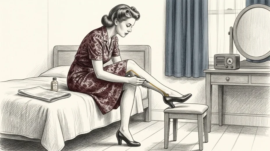 In a 1940s bedroom a seated woman in a dress draws a straight line up the back of her bare calf with an eyebrow pencil, one foot in a court shoe on a stool.