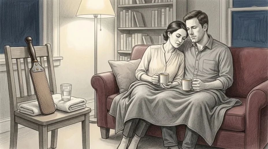 A woman and a man sit close under a wool blanket on a sofa holding mugs, the leather paddle set down on a chair across the room beside a folded towel.