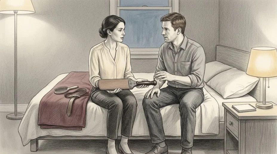 A man and a woman sit on the edge of a made bed with a leather paddle resting across her open palms, a hairbrush and a folded strap laid on the blanket beside them.