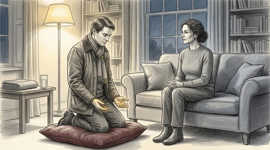 A man in a waxed jacket and pinned scarf kneels on a floor cushion with open hands on his thighs before a curly haired woman seated on a sofa.