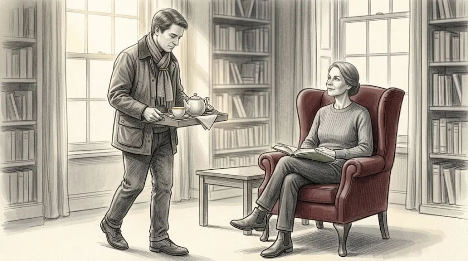 A man in a waxed jacket and pinned scarf carries a tea tray across a sitting room toward a curly haired woman reading in an armchair by the window.