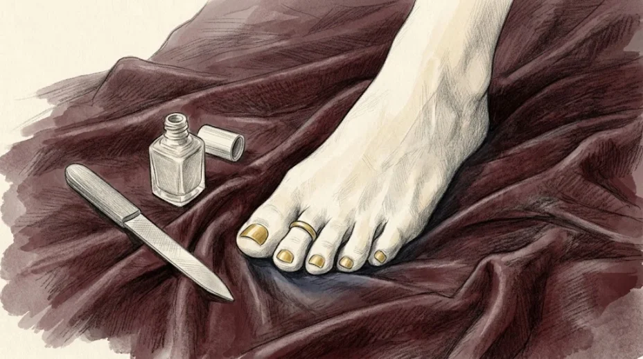 A bare foot rests on folded dark velvet with its toes gently splayed, a slim ring on the second toe and freshly painted nails beside a nail file.