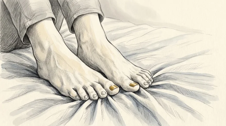 Two bare feet side by side on rumpled white linen, every toe visible, curling forward to grip the folds of the sheet with the arches lifted.