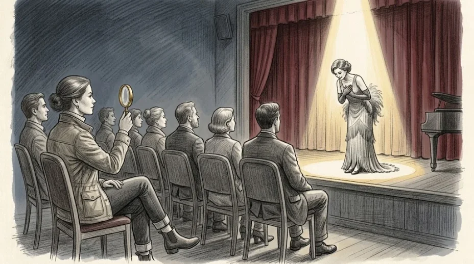 Seen from behind two rows of seated spectators, a woman in a field jacket raises a brass rimmed magnifying glass toward a small stage where a gowned performer takes a bow.
