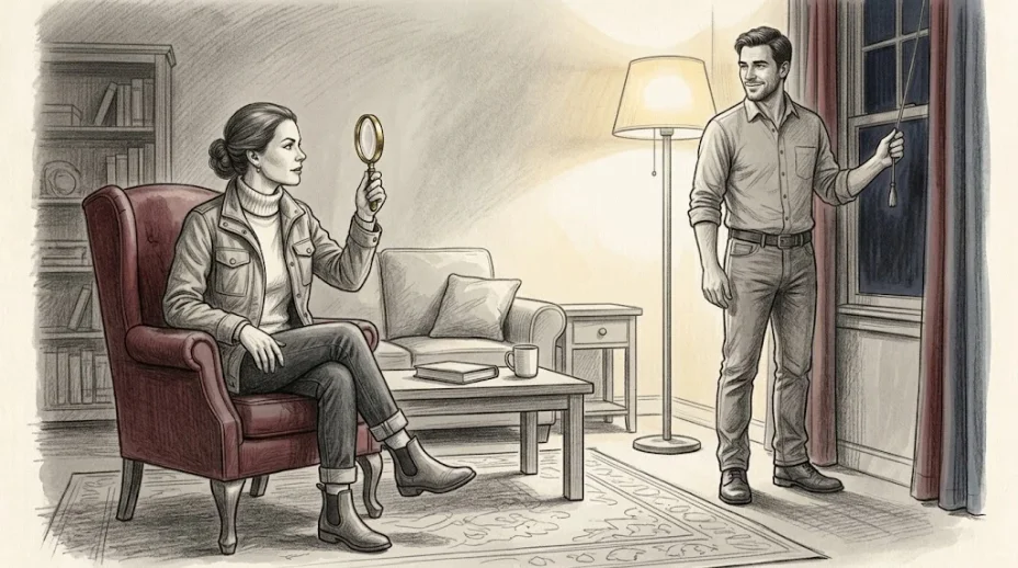 A woman in a field jacket sits in an armchair holding a brass rimmed magnifying glass beside her face while a man by a floor lamp meets her gaze with a half smile.