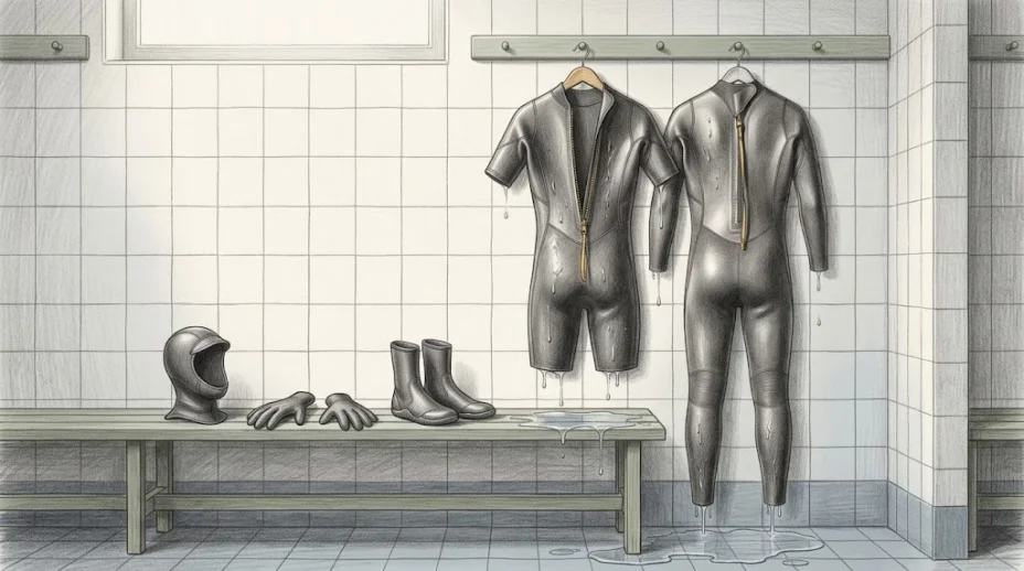 Two black wetsuits hang dripping from wooden hangers on a rail in a tiled changing room, a hood and a pair of gloves on the bench below, water pooling on the floor.