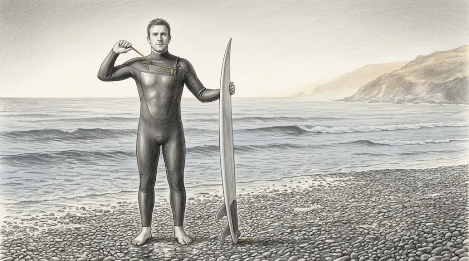 A man in a full black neoprene wetsuit stands on a shingle beach at dawn beside a surfboard planted upright, reaching back to the zip cord, the sea and a headland behind him.