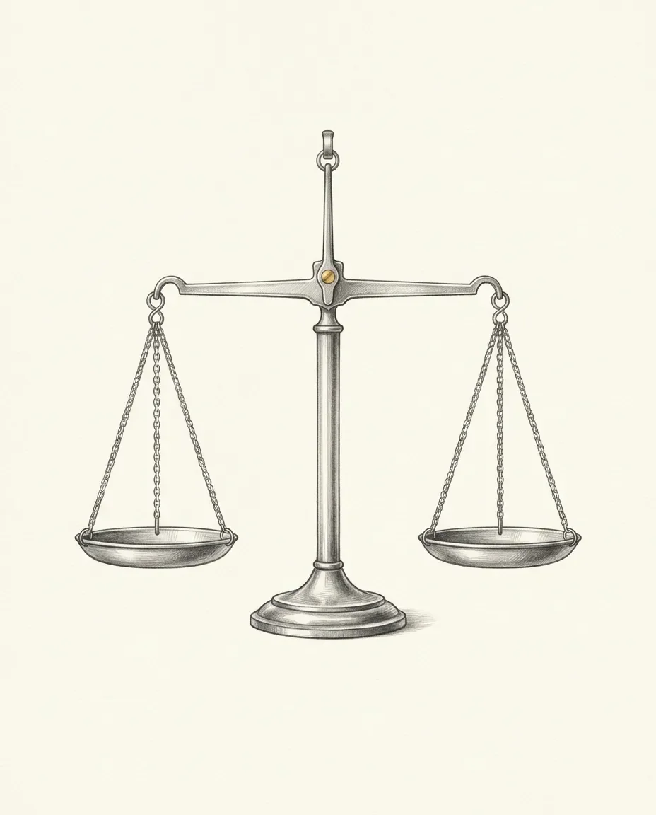 A pair of balance scales hangs with both pans empty and the beam exactly level, a gold bead set at the pivot.