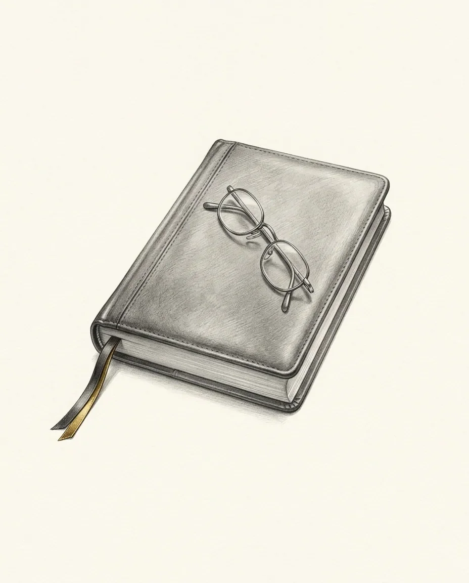 A leather-bound case book lies closed with wire spectacles folded on the cover and a gold-edged ribbon marker trailing out.