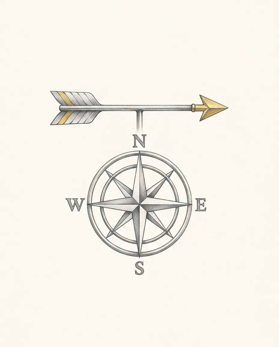 A weathervane arrow with a gilded head sits on its spindle above a compass rose marked north, south, east and west.